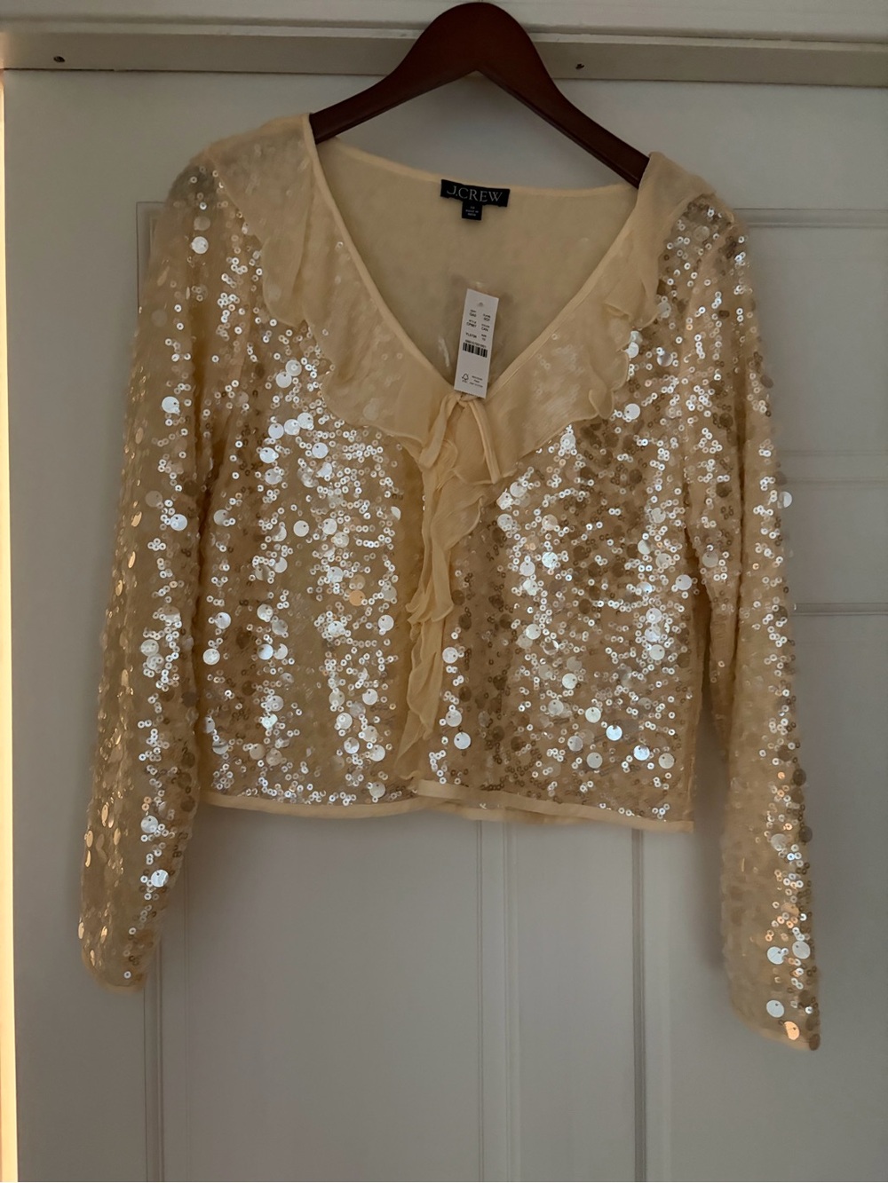 J. Crew Cream Sequin Ruffle V-Neck Cardigan